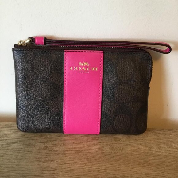 Coach Signature Leather Corner Zip Wristlet Brown with Pink Band and Dust Bag - Picture 1 of 5